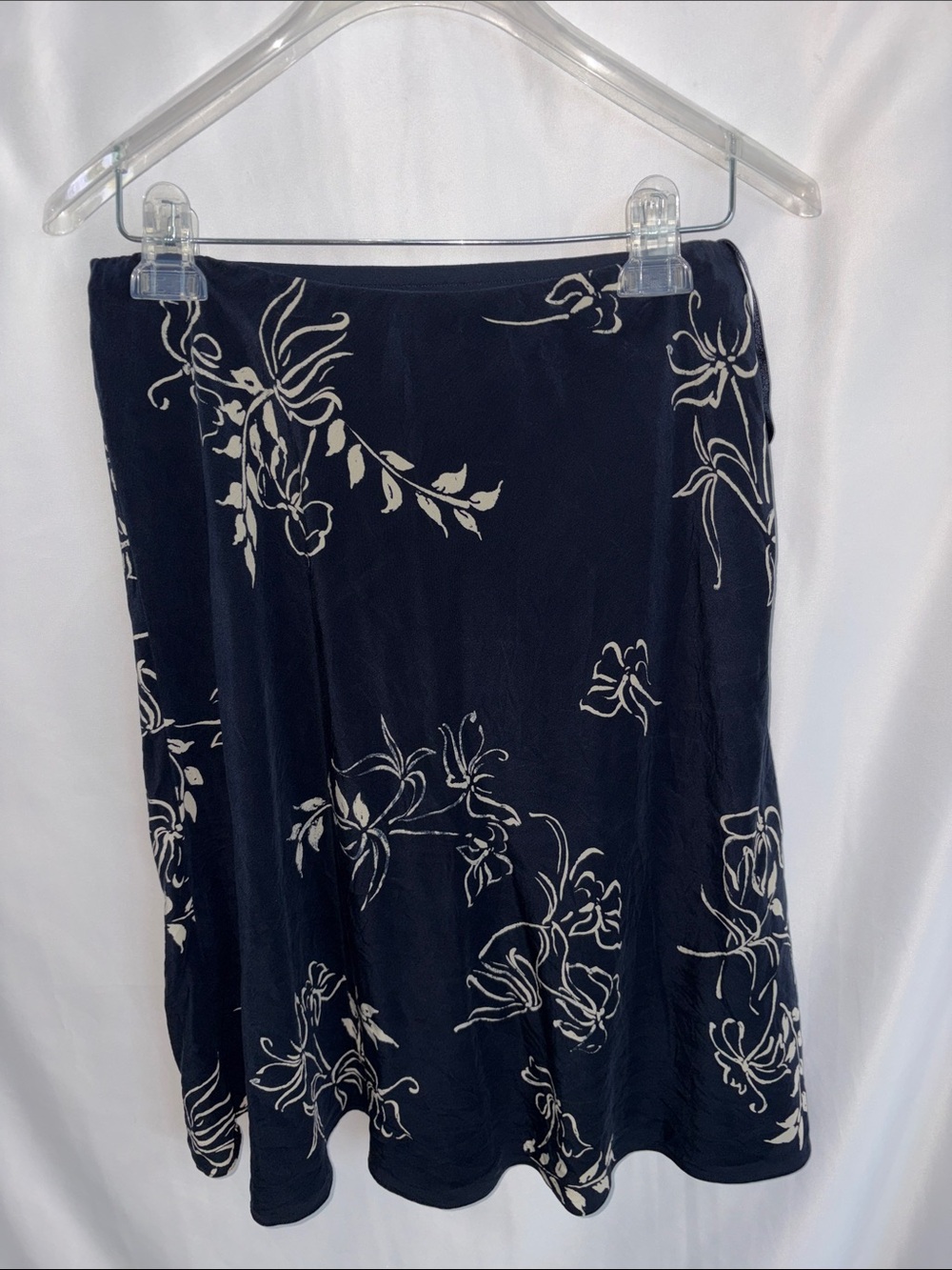 Lauren Ralph Lauren Navy Silk White Floral Print A Line Lightweight Skirt, S